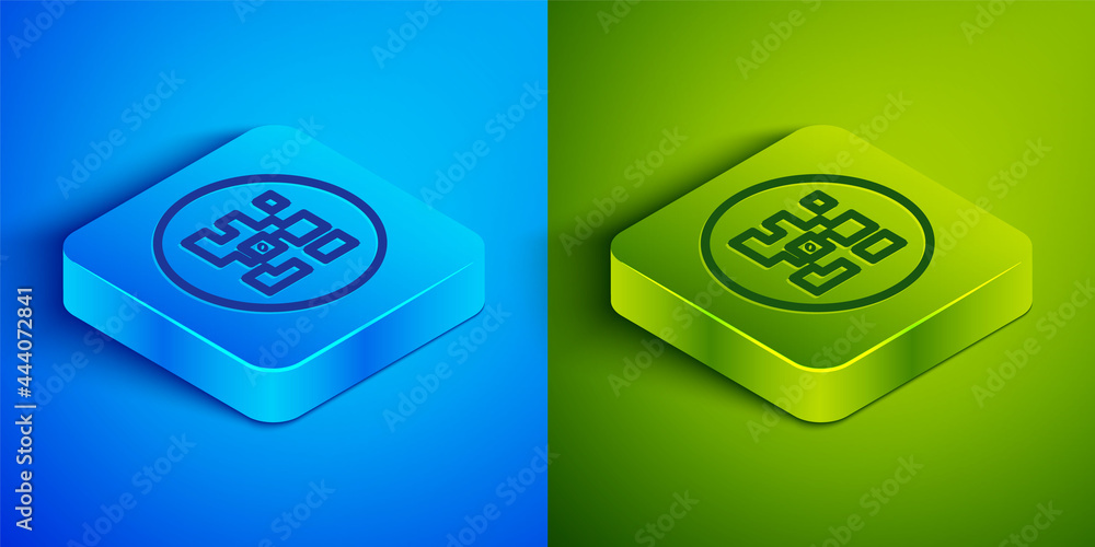 Poster isometric line qr code sample for smartphone scanning icon isolated on blue and green background. sq