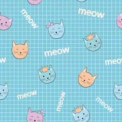 Cat seamless pattern. Children's cartoon characters. Cute kittens with accessories: in a crown, with a bow. Pastel palette. Blue background with a cell.