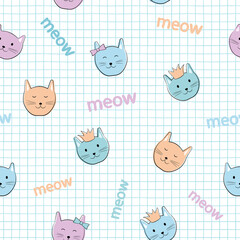 Cat seamless pattern. Children's cartoon characters. Cute kittens with accessories: in a crown, with a bow. Pastel palette. White background with a blue cell.