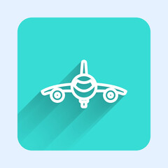 White line Plane icon isolated with long shadow background. Flying airplane icon. Airliner sign. Green square button. Vector