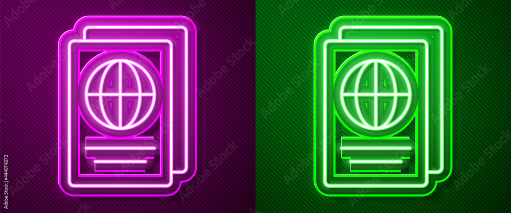Poster glowing neon line passport with biometric data icon isolated on purple and green background. identif