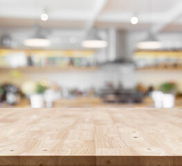 new wood top table layer on blur kitchen background