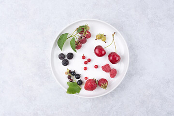 White plate with berries, strawberries, raspberries, currants, cherries on a white background.