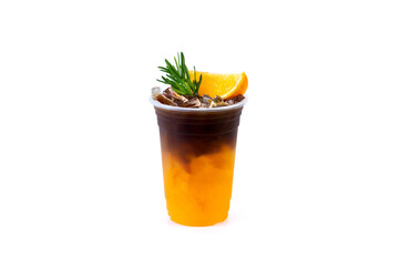 Iced americano black coffee mix of orange juice isolated on white background.