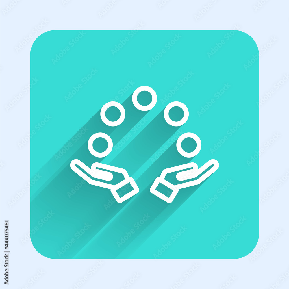 Poster white line juggling ball icon isolated with long shadow background. green square button. vector