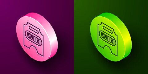 Isometric line Circus ticket icon isolated on purple and green background. Amusement park. Circle button. Vector