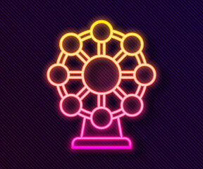 Glowing neon line Ferris wheel icon isolated on black background. Amusement park. Childrens entertainment playground, recreation park. Vector