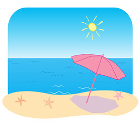 Fototapeta na wymiar blue sea and beach with sun umbrella - vector illustration of summer vacation