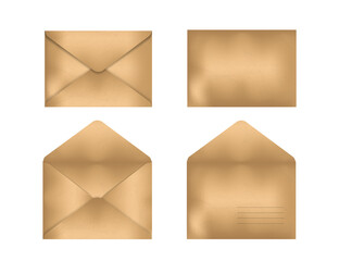 Set of kraft paper envelopes mockup. Vector 3d realistic template. 4 Brown empty envelopes isolated on white background. different views. EPS10.