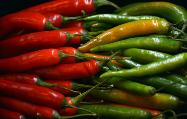 pimientos picantes, chiles y guindillas rojas y verdes en mercado
