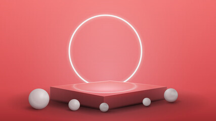 Square pink podium with white realistic spheres around and neon ring on background
