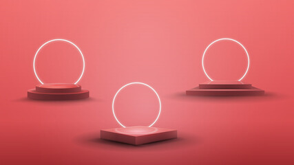 Set of podiums with white neon rings on background for your arts