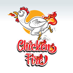chicken logo for spicy chicken food product with image of chicken running on fire