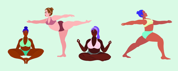 Fototapeta premium Plus size women of different nationalities practice yoga and sports. Plus size women lead a healthy lifestyle. 