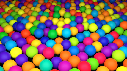 Many rows of abstract colorful spheres, isometric background, modern computer generated 3D render backdrop