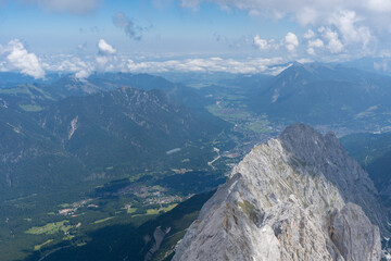 The view from the top of the "Zugspitze" in Bavaria. The Zugspitze is the highest mountain in Germany. 