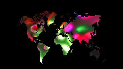 Colourful world map on black background, flat Earth, globe worldmap icon, 3d rendering backdroung