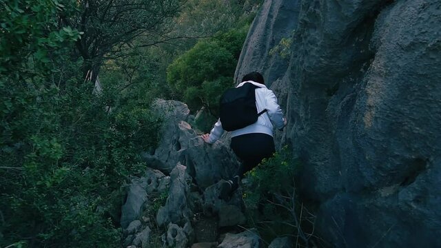 Hiking woman in the rocky mountains. Tourism in the mountains in summer. Live camera