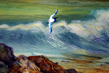  Brush stroke ,  seagull   sea and wave  painting Abstract watercolor Background  