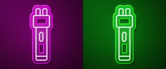 Glowing neon line Police electric shocker icon isolated on purple and green background. Shocker for protection. Taser is an electric weapon. Vector