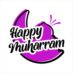 simple text happy muharram with crescent and mosque silhouette