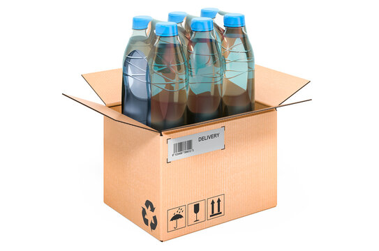 Water Bottles Wrapped In The Shrink Film Inside Cardboard Box, Delivery Concept. 3D Rendering