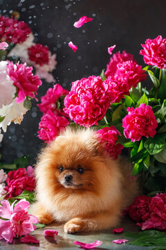 Pomeranian in peony flowers. Pomeranian dog sitting in flowers on beautiful background. Greeting card with dog