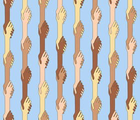 Seamless pattern of hands of people with different skin color. Hands of different races are holding each other.
