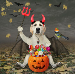 A dog labrador with bat wings and devil horns holds a pumpkin bucket with candies a trident  in the...