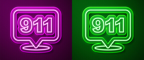 Glowing neon line Telephone with emergency call 911 icon isolated on purple and green background. Police, ambulance, fire department, call, phone. Vector