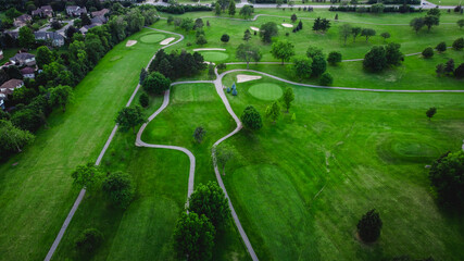 aerial view of golf course and golf holes