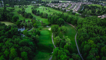 aerial view of golf course and golf holes - obrazy, fototapety, plakaty