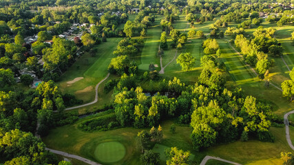 aerial view of golf course and golf holes