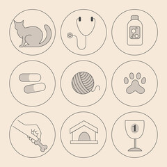 Set of minimalistic linear vector icons. Animals, pets, veterinary medicine, treatment and care. Grooming, medicine, food. Icons for a zoological shop or veterinary clinic.