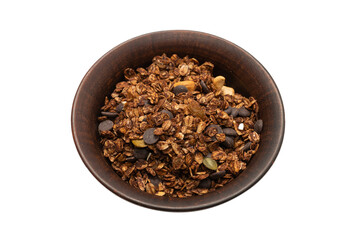 Chocolate granola cereal with nuts in a bowl background.