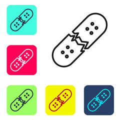 Black line Broken skateboard deck icon isolated on white background. Extreme sport. Sport equipment. Set icons in color square buttons. Vector