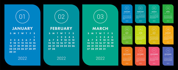 Fototapeta Calendar 2022 year. Vector colorful calender template. Infographics design. Week starts on Sunday obraz