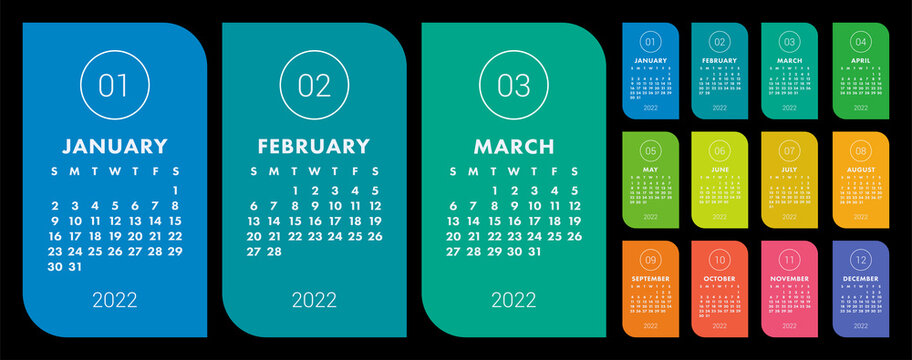 Calendar 2022 year. Vector colorful calender template. Infographics design. Week starts on Sunday