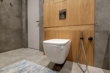 toilet and detail of a corner shower bidet with wall mount shower attachment