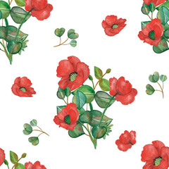 Watercolor hand painted nature floral seamless pattern with red poppy flowers and green eucalyptus branches bouquet isolated on the white background for pring design
