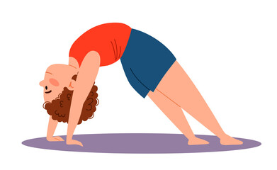 Childrenes sports gymnastics. The boy is standing in the bridge pose. Exercises for the back. Vector illustration in a flat style on a white isolated background.