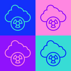 Pop art line Acid rain and radioactive cloud icon isolated on color background. Effects of toxic air pollution on the environment. Vector