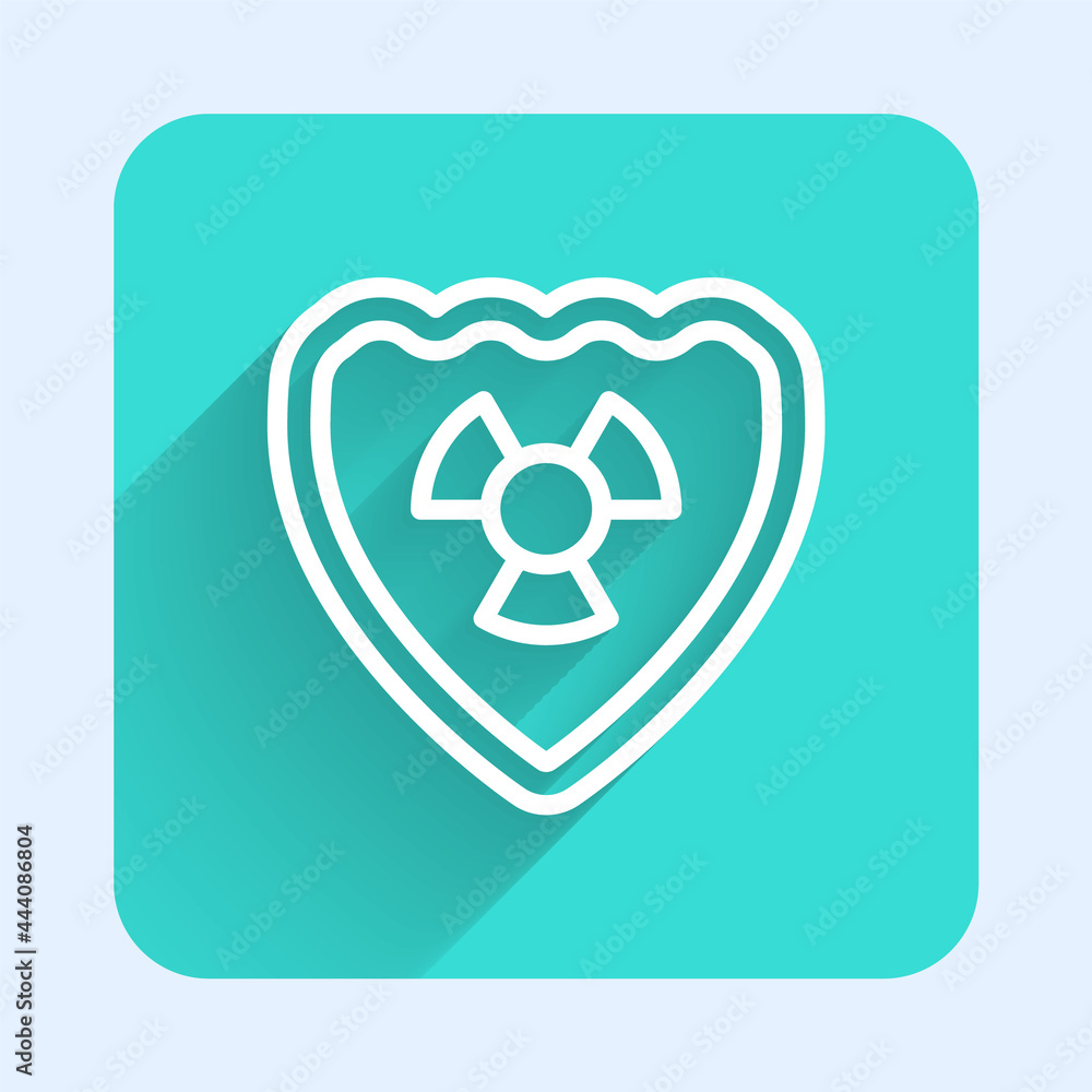 Poster white line radioactive in shield icon isolated with long shadow background. radioactive toxic symbol