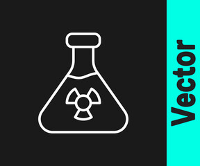 White line Laboratory chemical beaker with toxic liquid icon isolated on black background. Biohazard symbol. Dangerous symbol with radiation icon. Vector