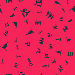 Set Bottle opener, Wine bottle with glass, of wine and on seamless pattern. Vector