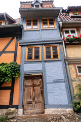 Blue half-timbered house