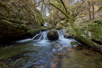 Naklejka na ściany i meble Small waterfall formed by the river Teo in the area of Galicia, Spain.