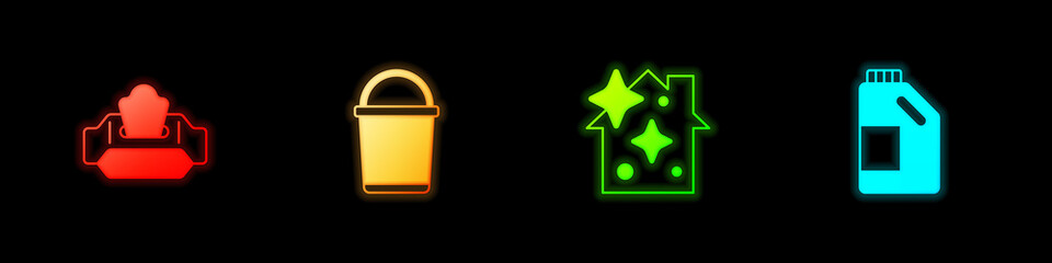 Obraz premium Set Wet wipe pack, Bucket, Home cleaning service and Bottle for agent icon. Vector