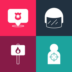 Set pop art Human target sport for shooting, Protest, Police helmet and badge icon. Vector