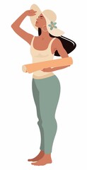 Young woman holding yoga mat before or after fitness class, active girl ready for sport exercise, training indoor. Health care vector flat illustration.